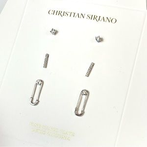Christian Siriano Silver Plated Earrings Set 3 Pairs Studs & Safety Pin CZ NWT
